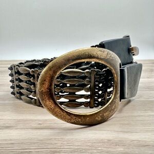 Retro Stretch Bronze Metal Links Belt & Buckle Black Leather Accents | Size 34”